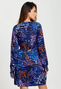 Women's Mini Dress in Electric Blue with Long Balloon Sleeves and Satin Wrap Design - Liquorish