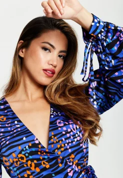 Women's Mini Dress in Electric Blue with Long Balloon Sleeves and Satin Wrap Design - Liquorish