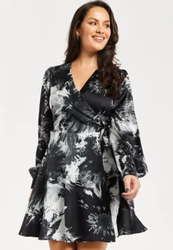 Women's Mini Dress in Eye-Catching Mono Abstract Print, Flattering Wrap Style, Long Sleeves - Liquorish