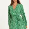 Women's Mini Dress in Green with Long Sleeves, Animal Print Wrap Style - Chic and Flattering by Liquorish
