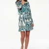 Women’s Mini Dress in Green with Swirling Marble Print, V-Neck, Full-Length Sleeves, Smocked Skirt, and Frill Hem