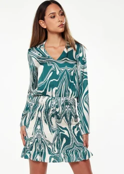 Women’s Mini Dress in Green with Swirling Marble Print, V-Neck, Full-Length Sleeves, Smocked Skirt, and Frill Hem