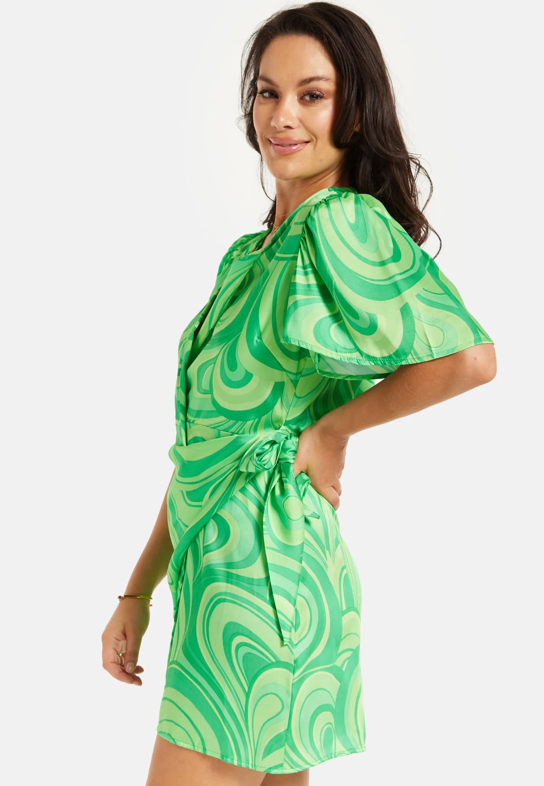 Women's Mini Dress in Green with Short Sleeves, V Neck, Tie Waist, and Wrap Style - Liquorish