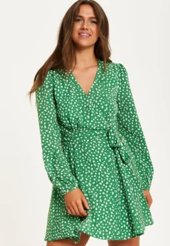 Women's Mini Dress in Green with Long Sleeves, Animal Print Wrap Style - Chic and Flattering by Liquorish