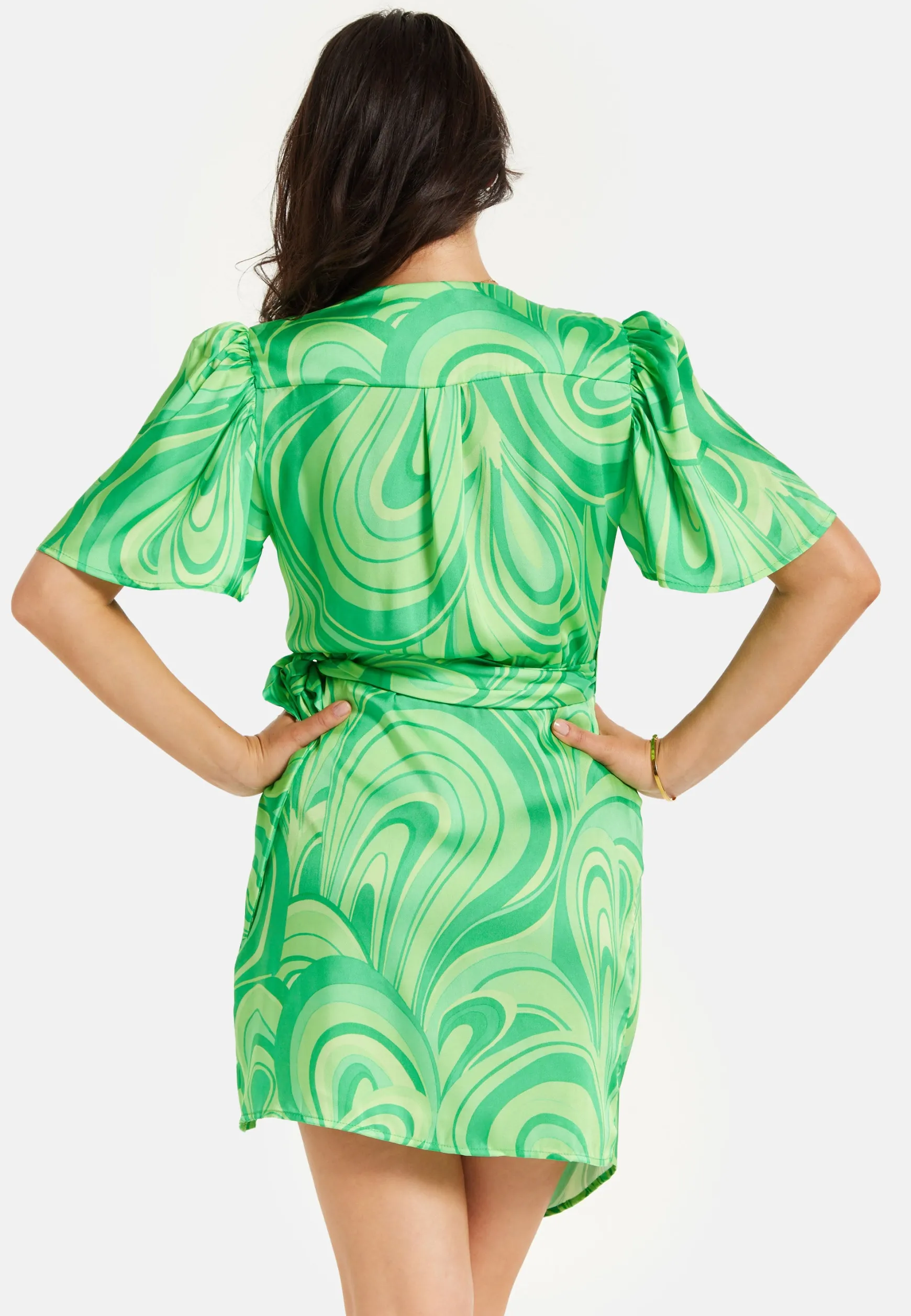 Women's Mini Dress in Green with Short Sleeves, V Neck, Tie Waist, and Wrap Style - Liquorish