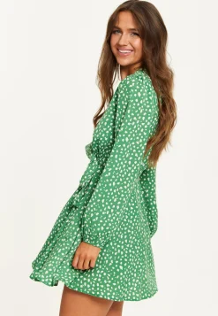 Women's Mini Dress in Green with Long Sleeves, Animal Print Wrap Style - Chic and Flattering by Liquorish