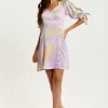 Women's Mini Dress in Lilac with V Neck, Tie Back, Tie Sleeves, and Abstract Print - Liquorish