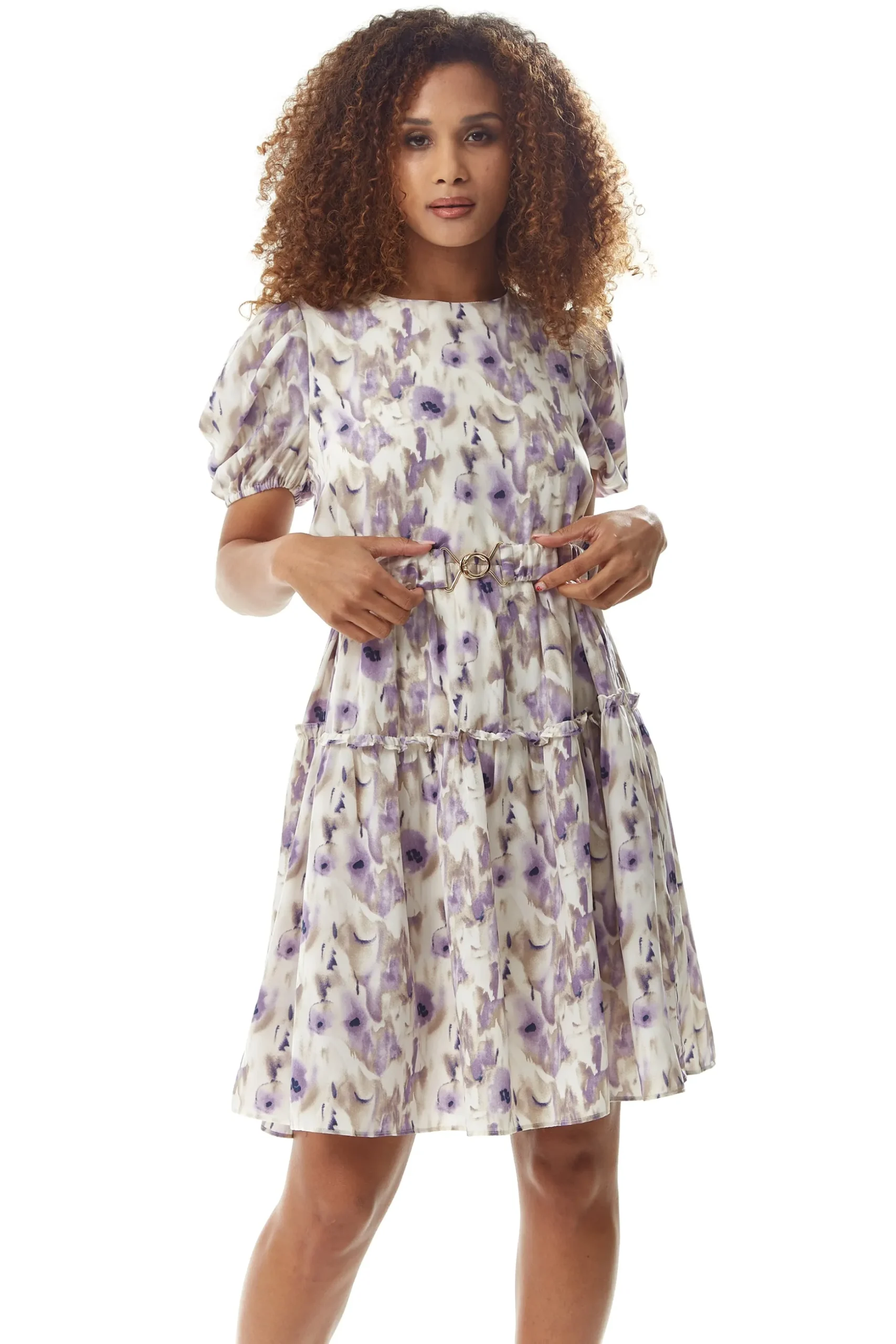Women's Mini Dress in Lilac Floral with Short Sleeves and Matching Belt - Elegant Style by Liquorish