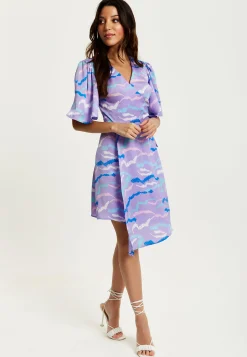 Women's Mini Dress in Lilac with Kimono Sleeves and Wrap Style Design by Liquorish