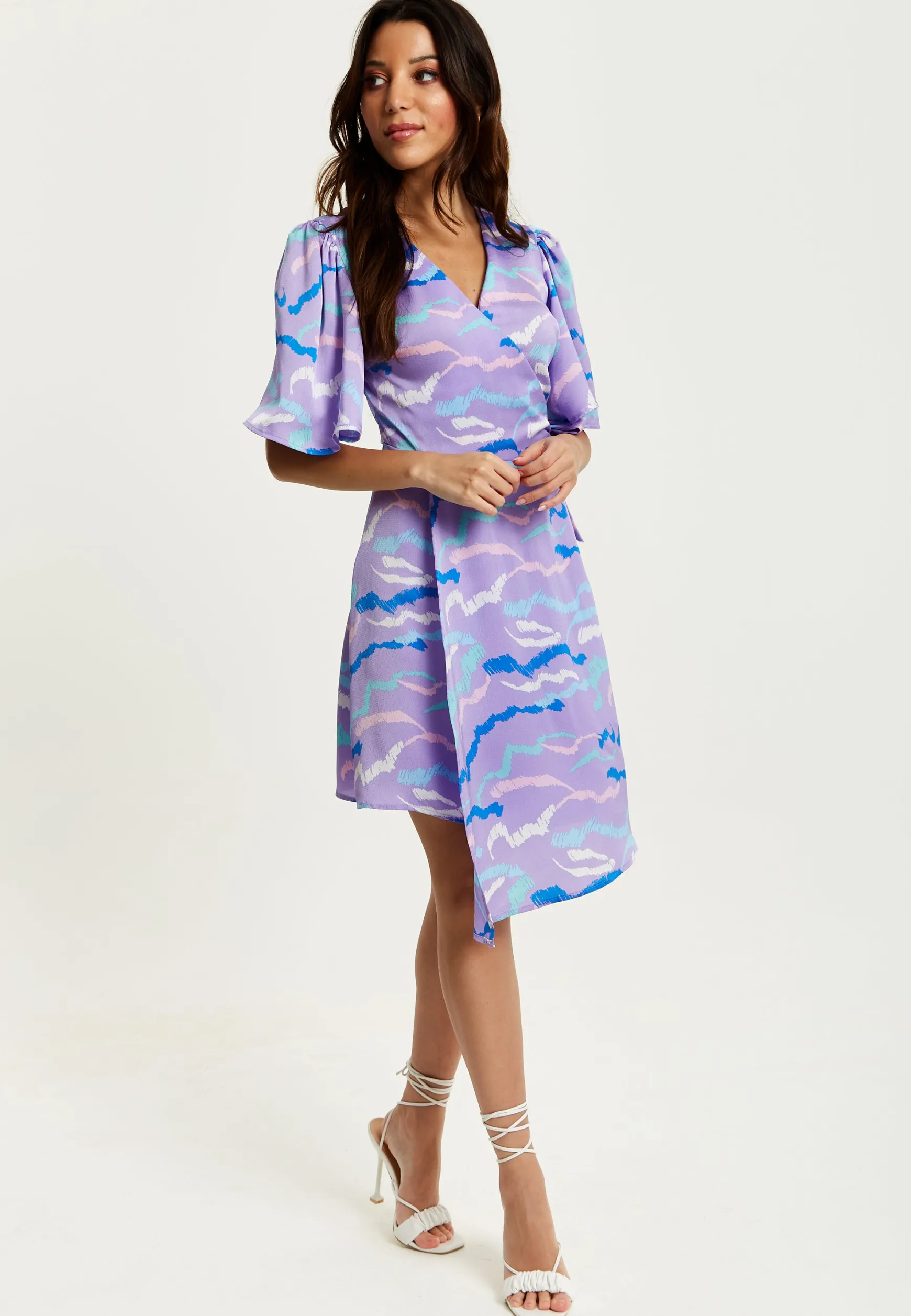 Women's Mini Dress in Lilac with Kimono Sleeves and Wrap Style Design by Liquorish
