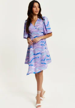 Women's Mini Dress in Lilac with Kimono Sleeves and Wrap Style Design by Liquorish