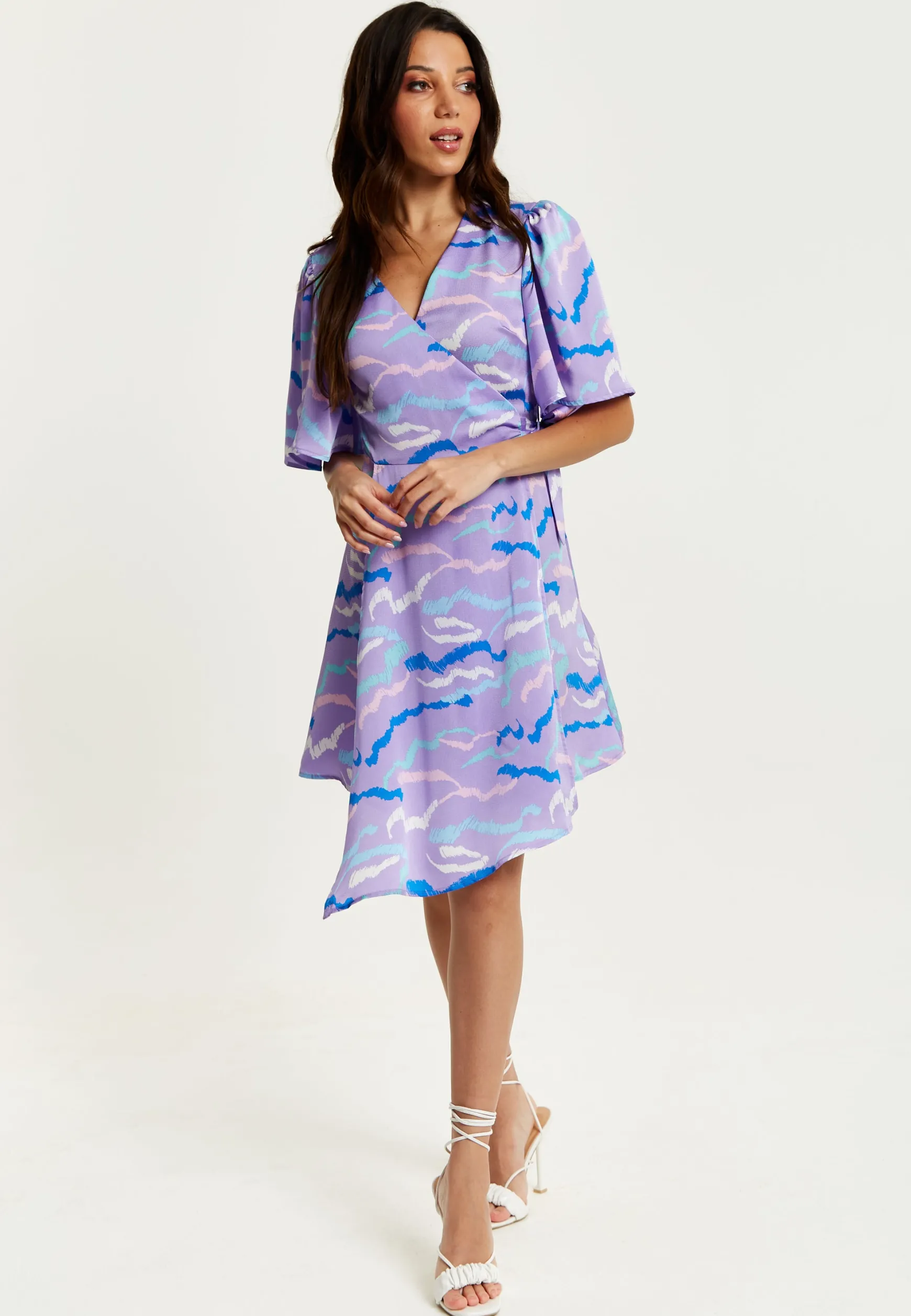 Women's Mini Dress in Lilac with Kimono Sleeves and Wrap Style Design by Liquorish