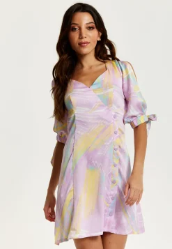 Women's Mini Dress in Lilac with V Neck, Tie Back, Tie Sleeves, and Abstract Print - Liquorish