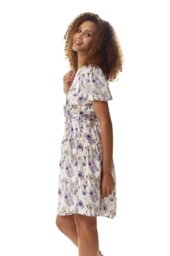 Women's Mini Dress in Lilac Floral with Short Sleeves and Matching Belt - Elegant Style by Liquorish