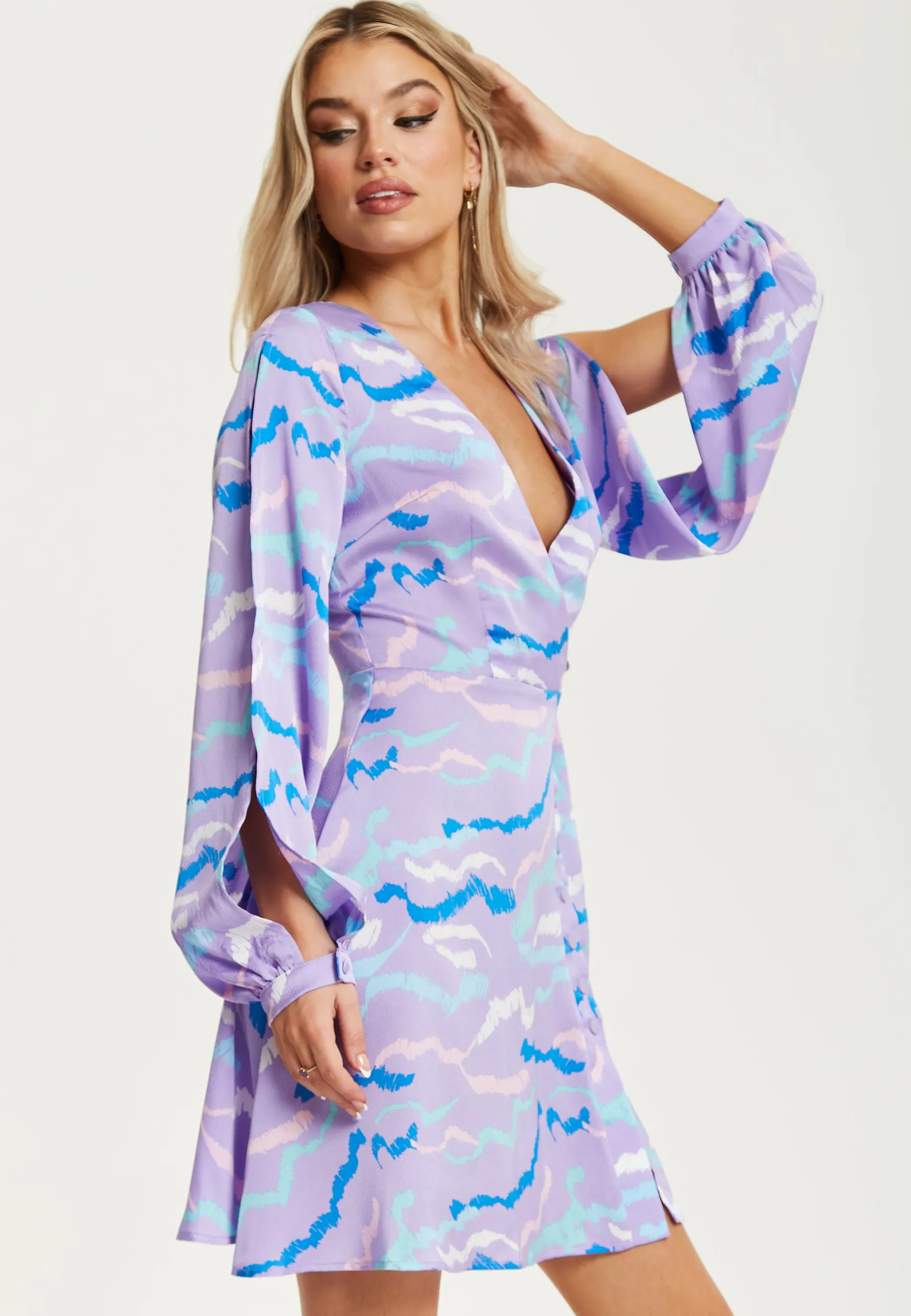 Women's Mini Dress in Lilac with Slit Sleeves and Unique Abstract Zebra Print - Liquorish