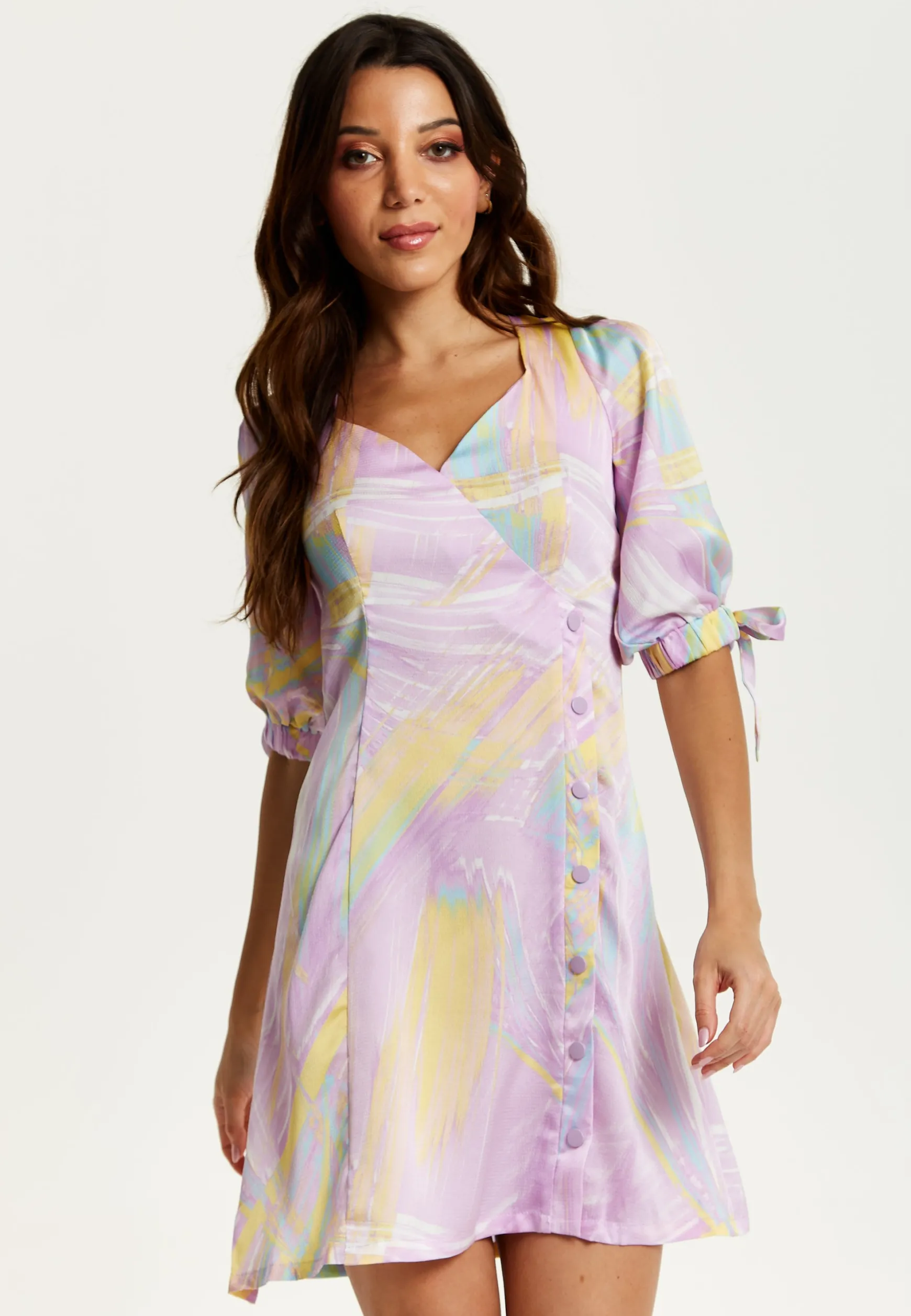 Women's Mini Dress in Lilac with V Neck, Tie Back, Tie Sleeves, and Abstract Print - Liquorish