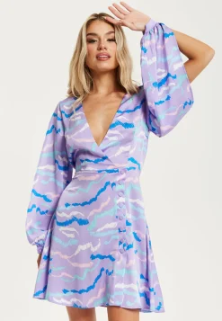 Women's Mini Dress in Lilac with Slit Sleeves and Unique Abstract Zebra Print - Liquorish
