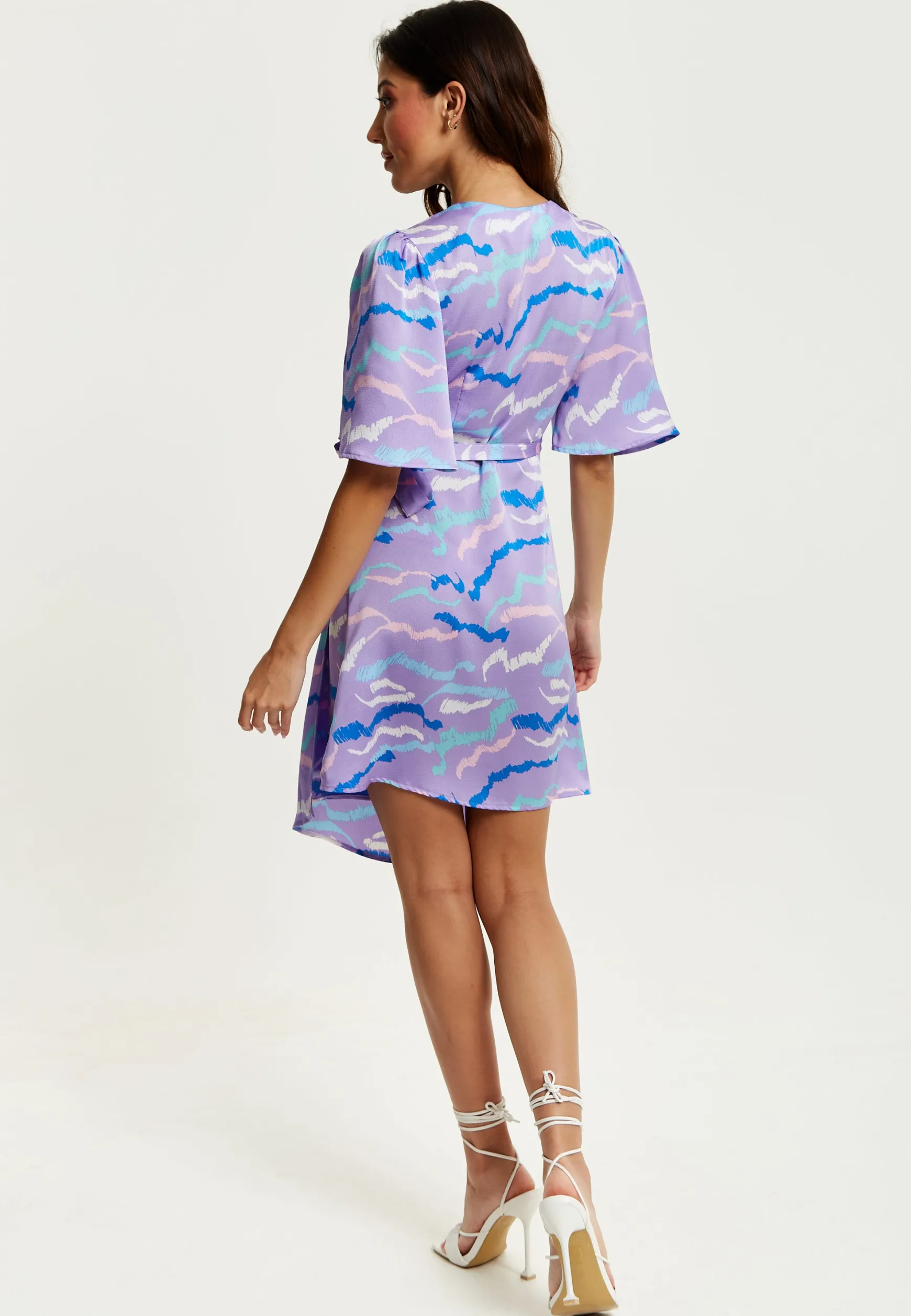 Women's Mini Dress in Lilac with Kimono Sleeves and Wrap Style Design by Liquorish