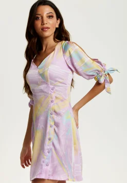 Women's Mini Dress in Lilac with V Neck, Tie Back, Tie Sleeves, and Abstract Print - Liquorish