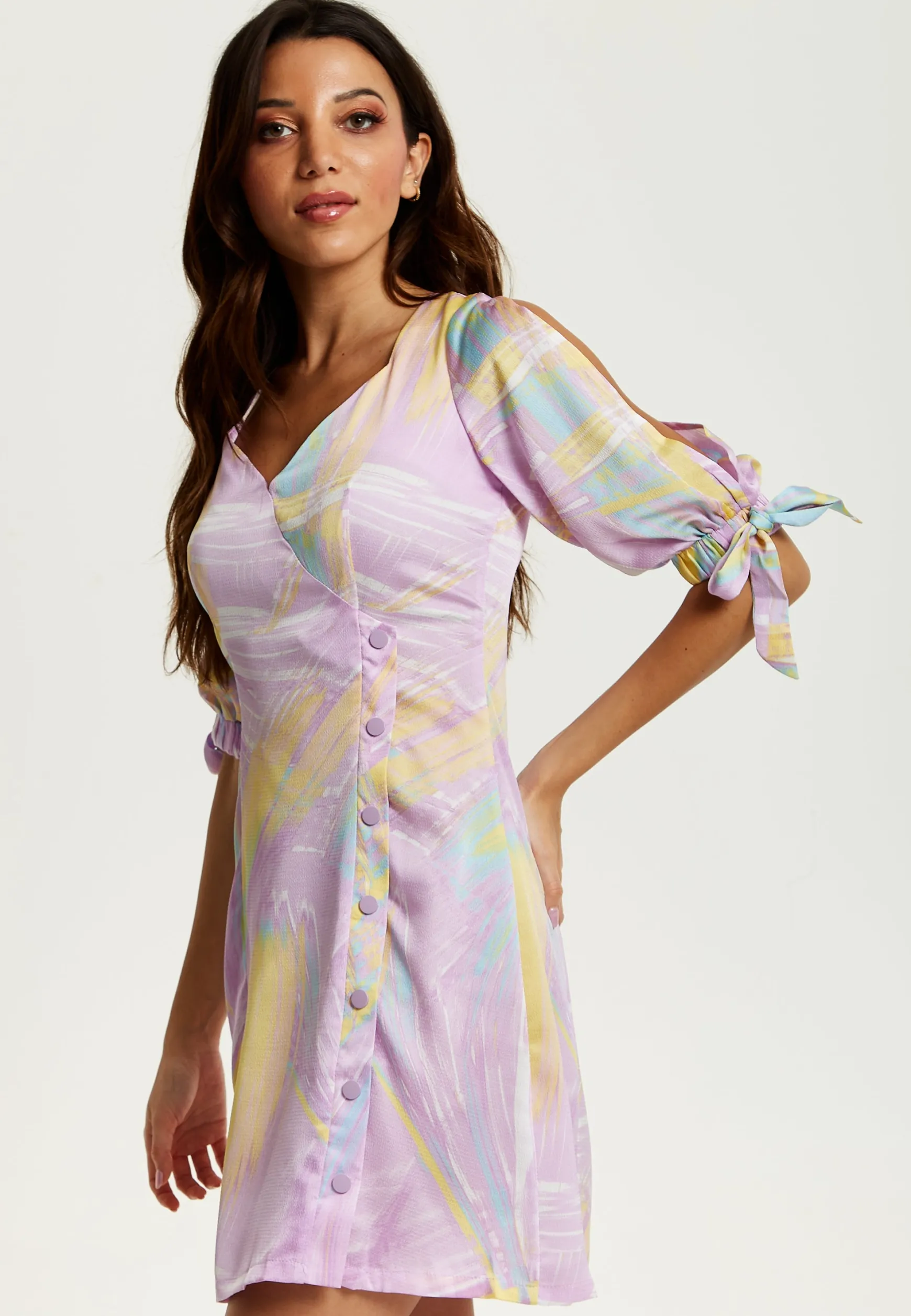 Women's Mini Dress in Lilac with V Neck, Tie Back, Tie Sleeves, and Abstract Print - Liquorish