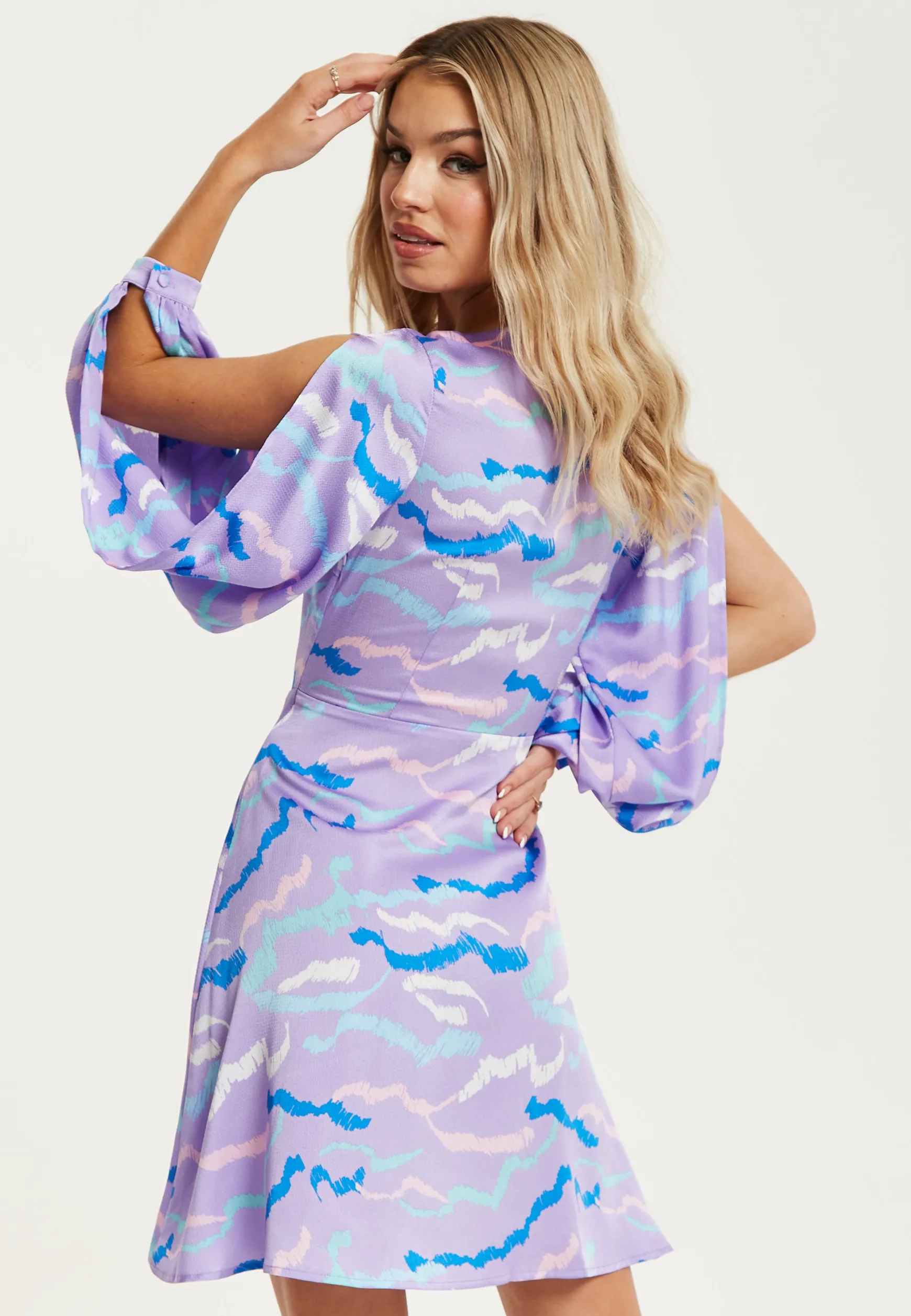 Women's Mini Dress in Lilac with Slit Sleeves and Unique Abstract Zebra Print - Liquorish