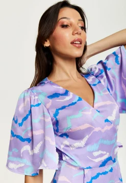 Women's Mini Dress in Lilac with Kimono Sleeves and Wrap Style Design by Liquorish