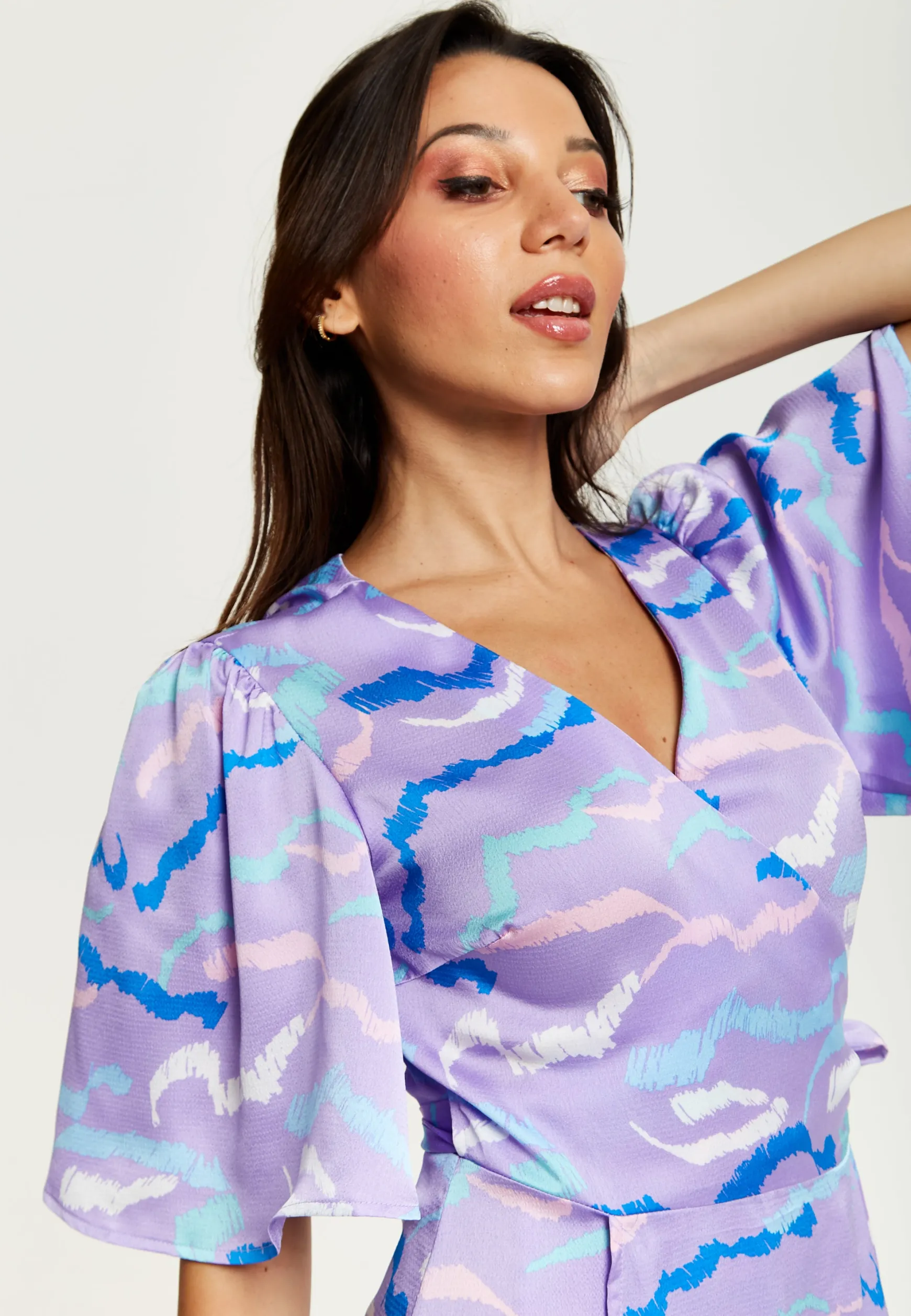 Women's Mini Dress in Lilac with Kimono Sleeves and Wrap Style Design by Liquorish