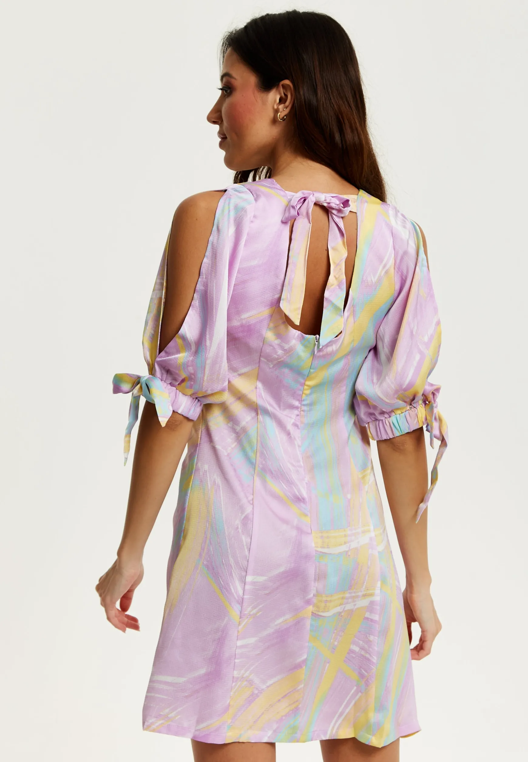 Women's Mini Dress in Lilac with V Neck, Tie Back, Tie Sleeves, and Abstract Print - Liquorish