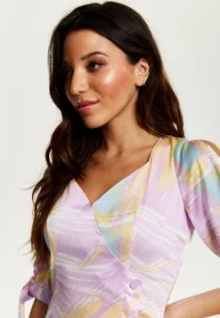 Women's Mini Dress in Lilac with V Neck, Tie Back, Tie Sleeves, and Abstract Print - Liquorish