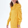 Women's Mini Dress in Mustard with High Neck, Puff Sleeves & Chic Check Design - Liquorish
