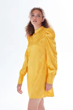 Women's Mini Dress in Mustard with High Neck, Puff Sleeves & Chic Check Design - Liquorish