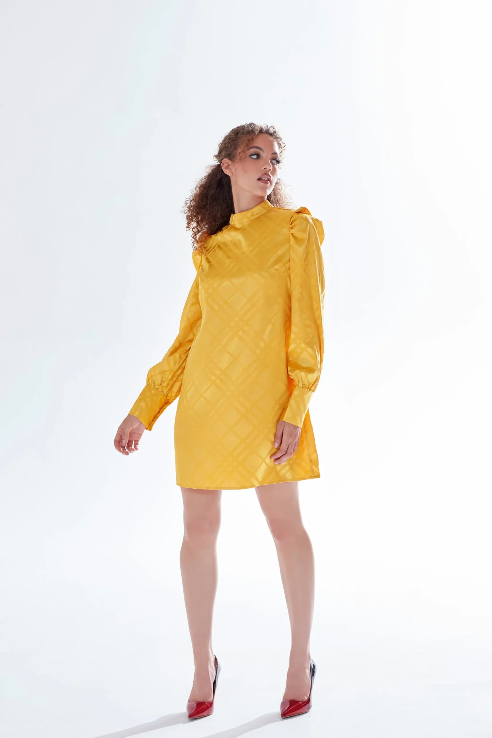 Women's Mini Dress in Mustard with High Neck, Puff Sleeves & Chic Check Design - Liquorish