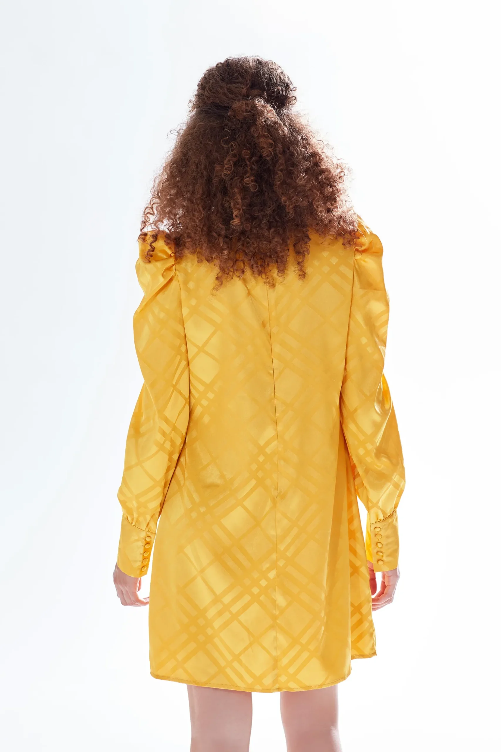 Women's Mini Dress in Mustard with High Neck, Puff Sleeves & Chic Check Design - Liquorish