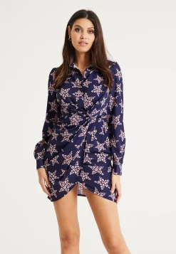 Women's Mini Dress in Navy with Long Sleeves, Twisted Front Detail and Collar - Liquorish