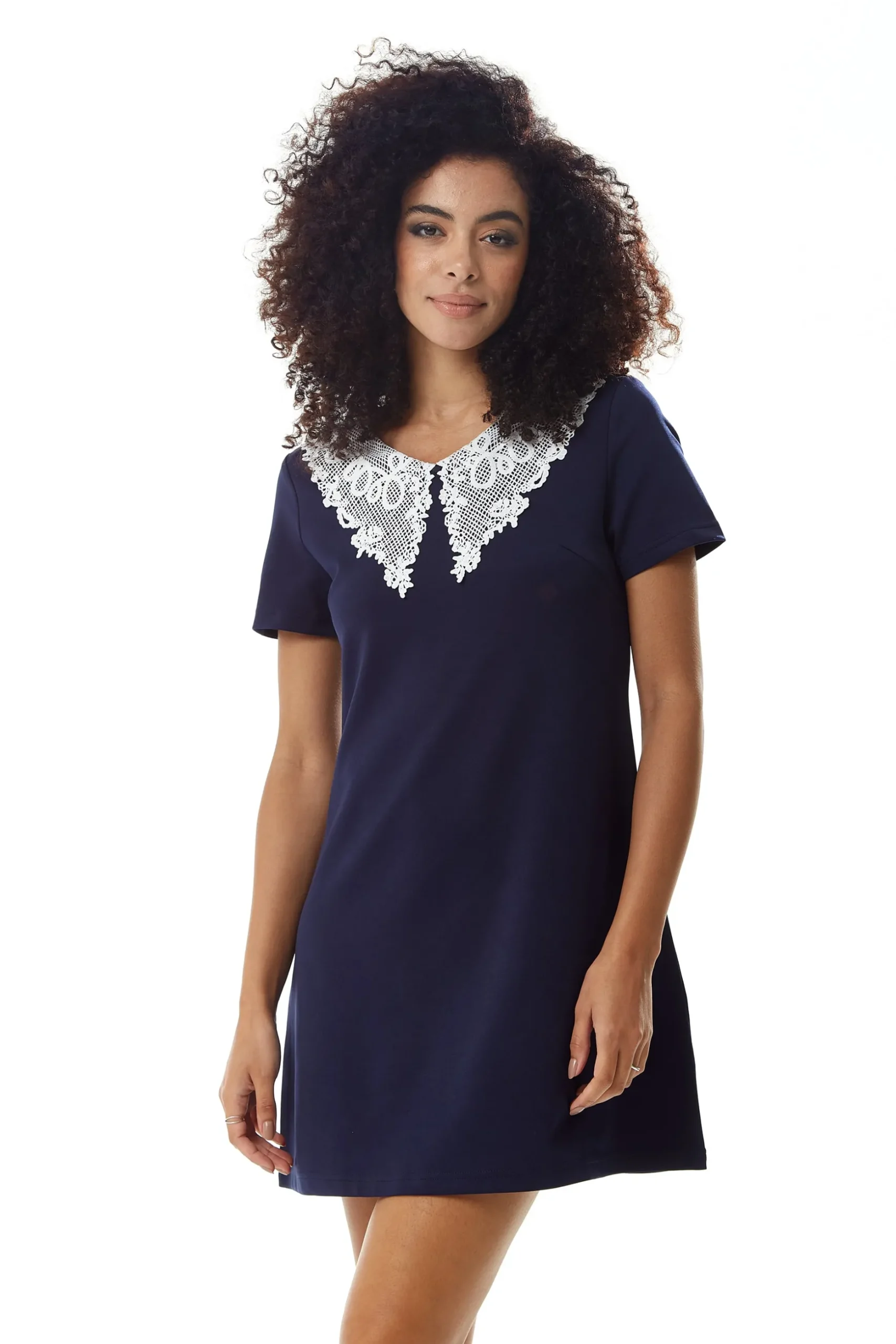Women's Mini Dress in Navy with Short Sleeves and Lace Collar - Elegant Style by Liquorish