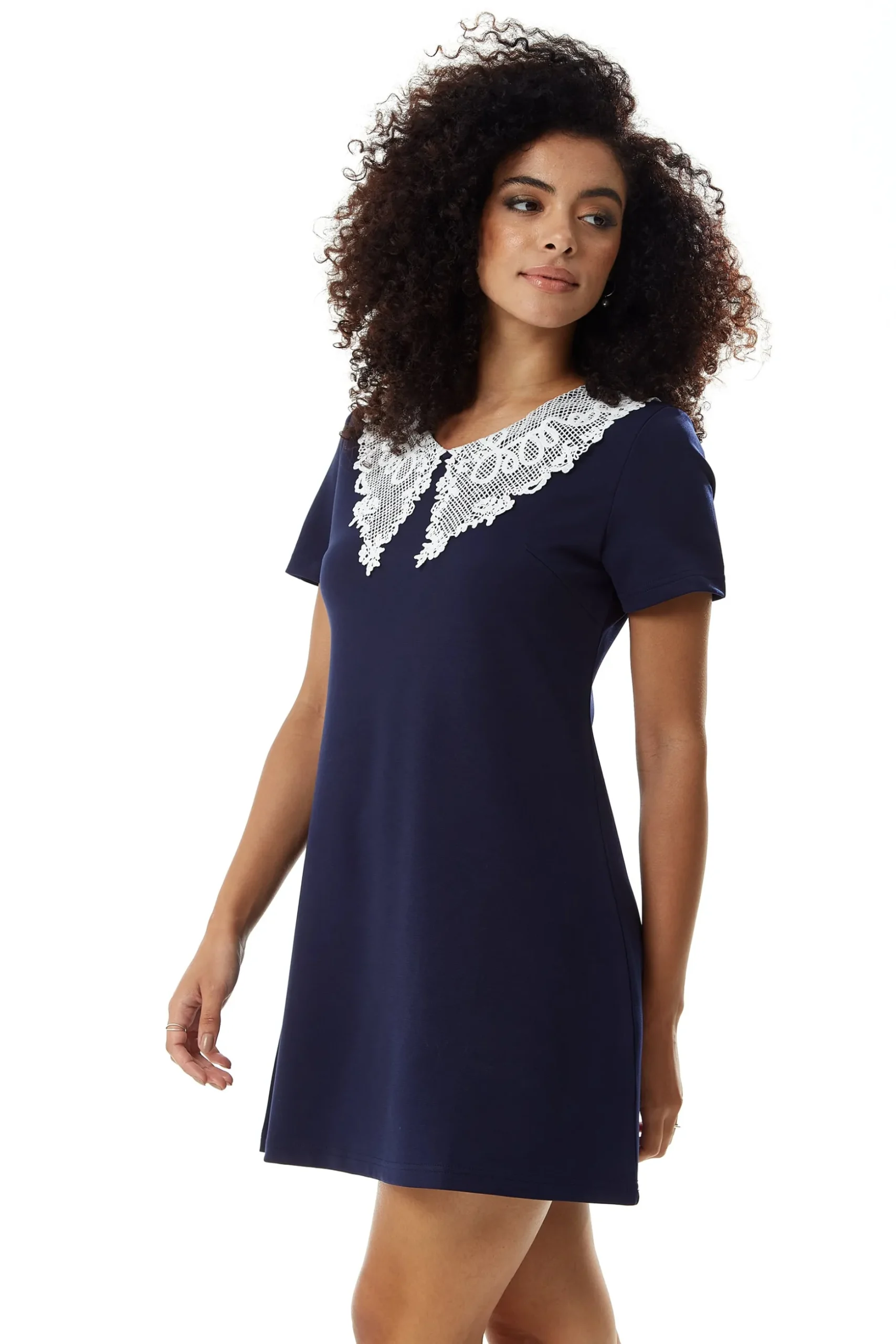 Women's Mini Dress in Navy with Short Sleeves and Lace Collar - Elegant Style by Liquorish