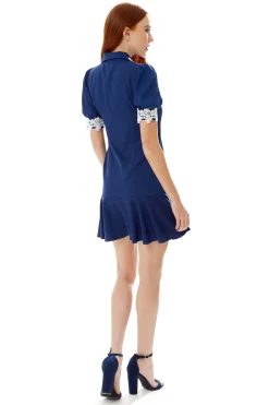 Women's Mini Dress in Navy with Short Sleeves and Lace Details - Fitted Style by Liquorish