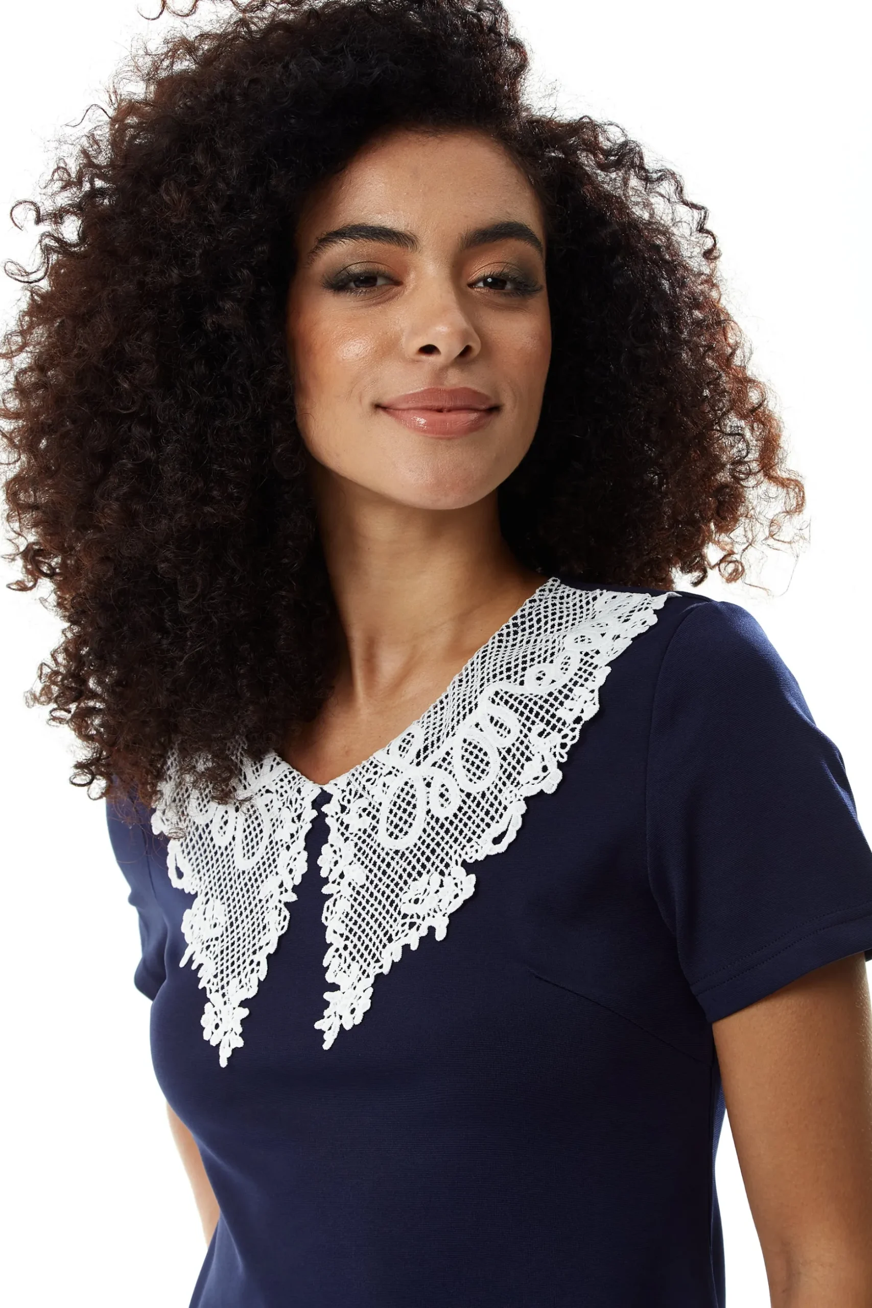 Women's Mini Dress in Navy with Short Sleeves and Lace Collar - Elegant Style by Liquorish