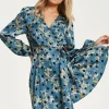 Women's Mini Dress in Petrol Blue with Long Sleeves, Floral and Polka Dot Print Wrap Style by Liquorish