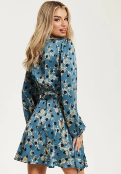 Women's Mini Dress in Petrol Blue with Long Sleeves, Floral and Polka Dot Print Wrap Style by Liquorish