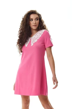 Women's Mini Dress in Pink with Short Sleeves and Lace Collar - Elegant Charm by Liquorish
