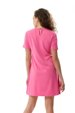 Women's Mini Dress in Pink with Short Sleeves and Lace Collar - Elegant Charm by Liquorish