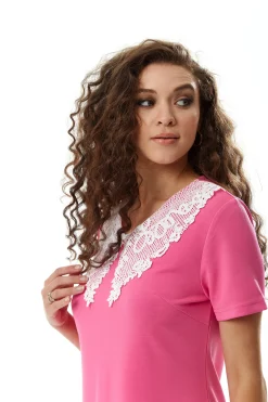 Women's Mini Dress in Pink with Short Sleeves and Lace Collar - Elegant Charm by Liquorish