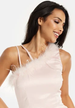 Women's Mini Dress in Pink with One Shoulder and Feather Detail - Luxurious Satin Fit, Perfect for Parties - Liquorish