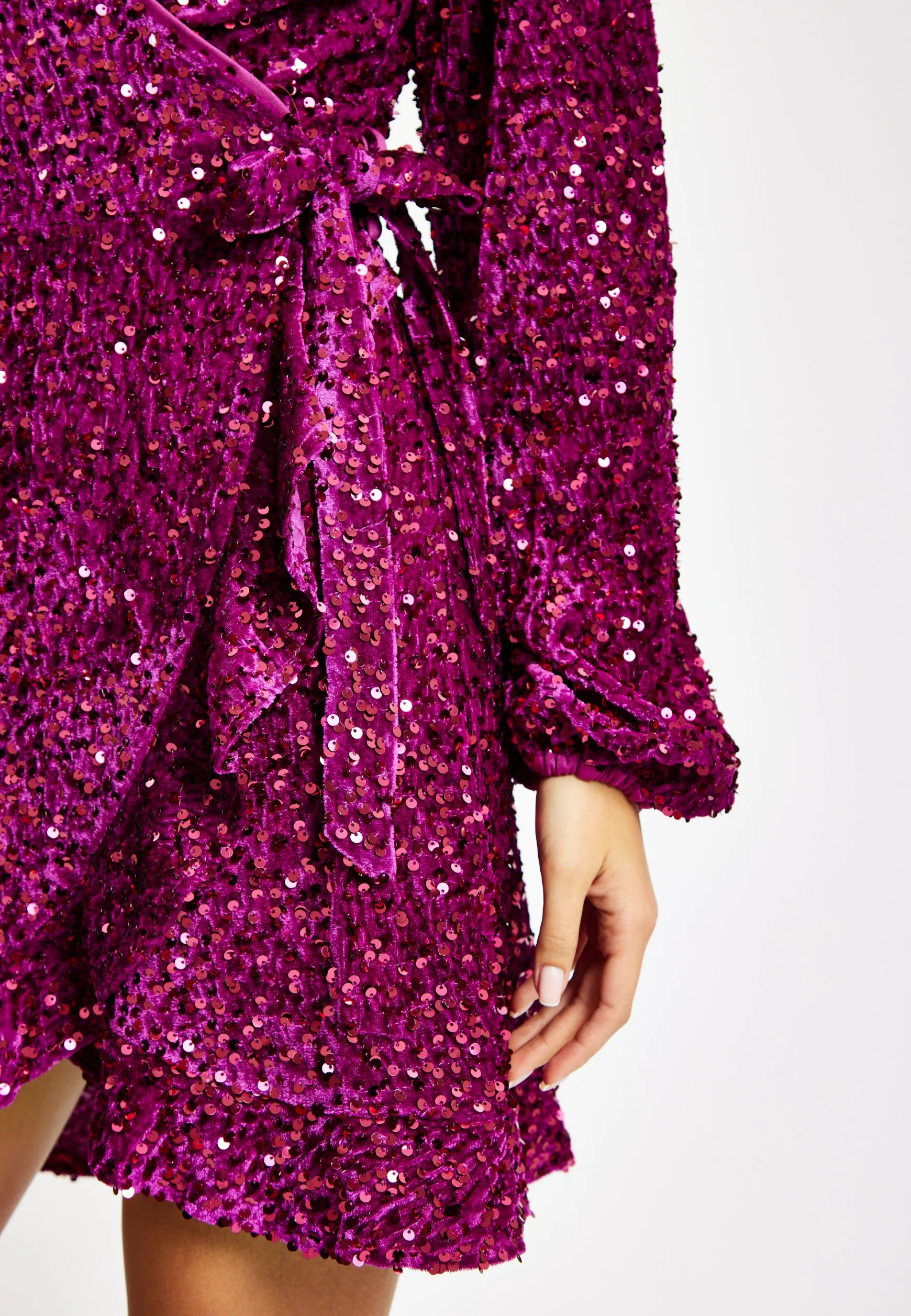 Women's Mini Dress in Pink Sequin Velvet with Long Sleeves - Elegant Wrap Style by Liquorish