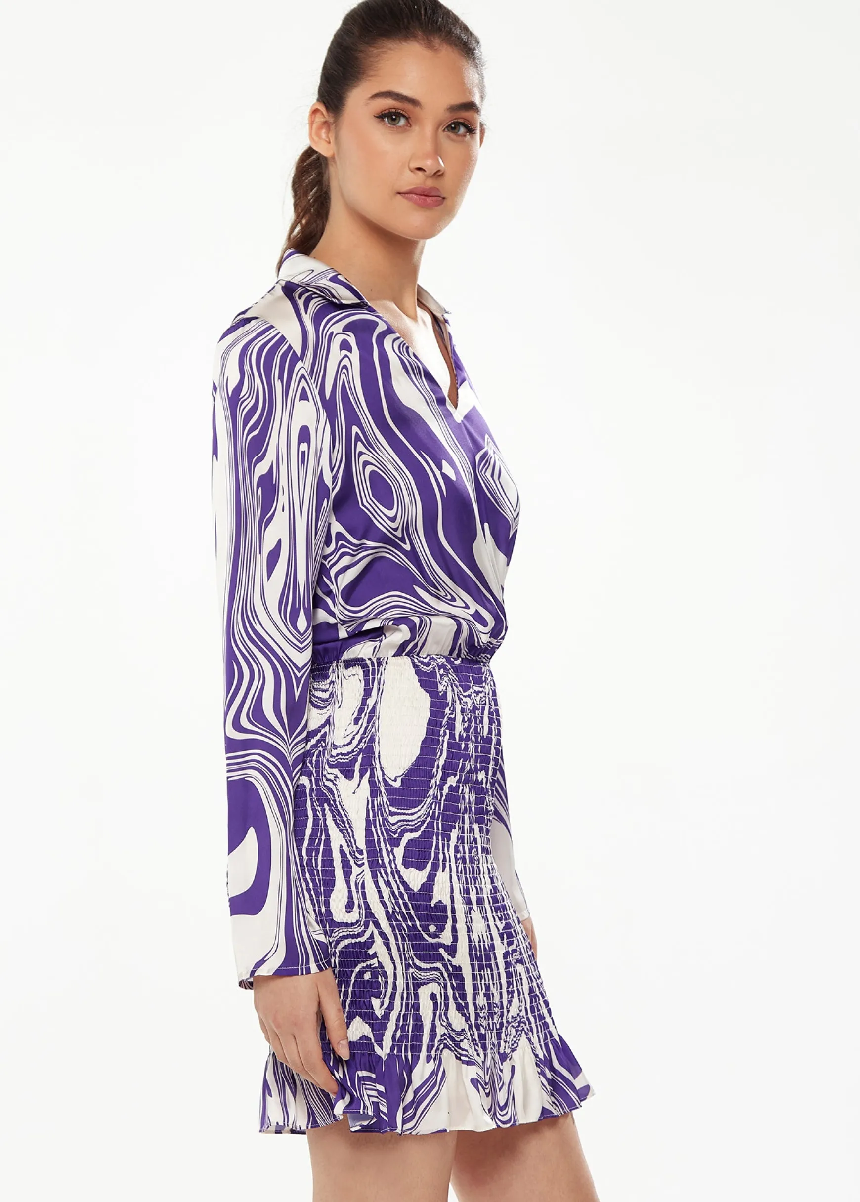 Women’s Mini Dress in Purple with Marble Print, V-Neck, Long Sleeves, Defined Waist, Frill Hem