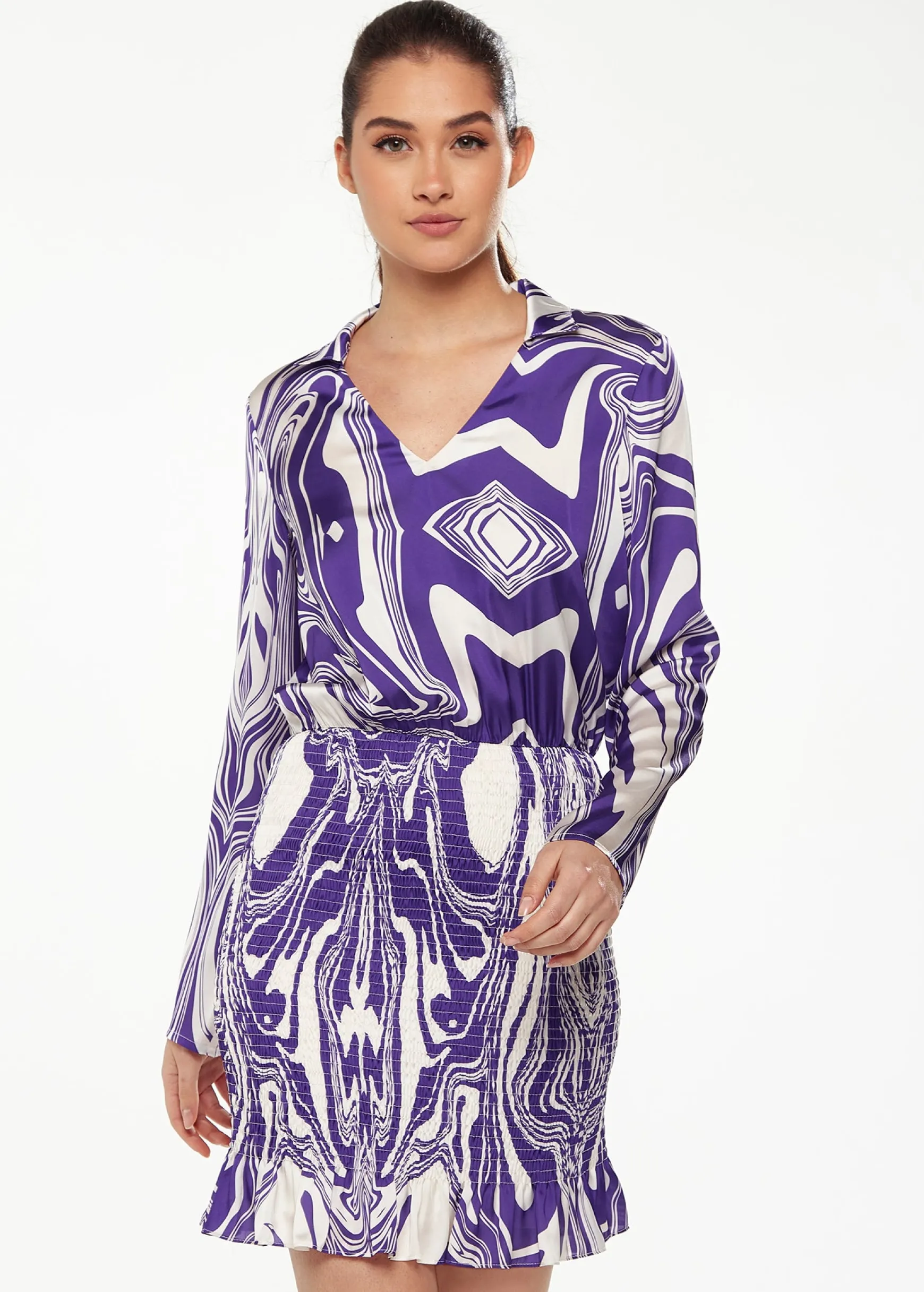 Women’s Mini Dress in Purple with Marble Print, V-Neck, Long Sleeves, Defined Waist, Frill Hem