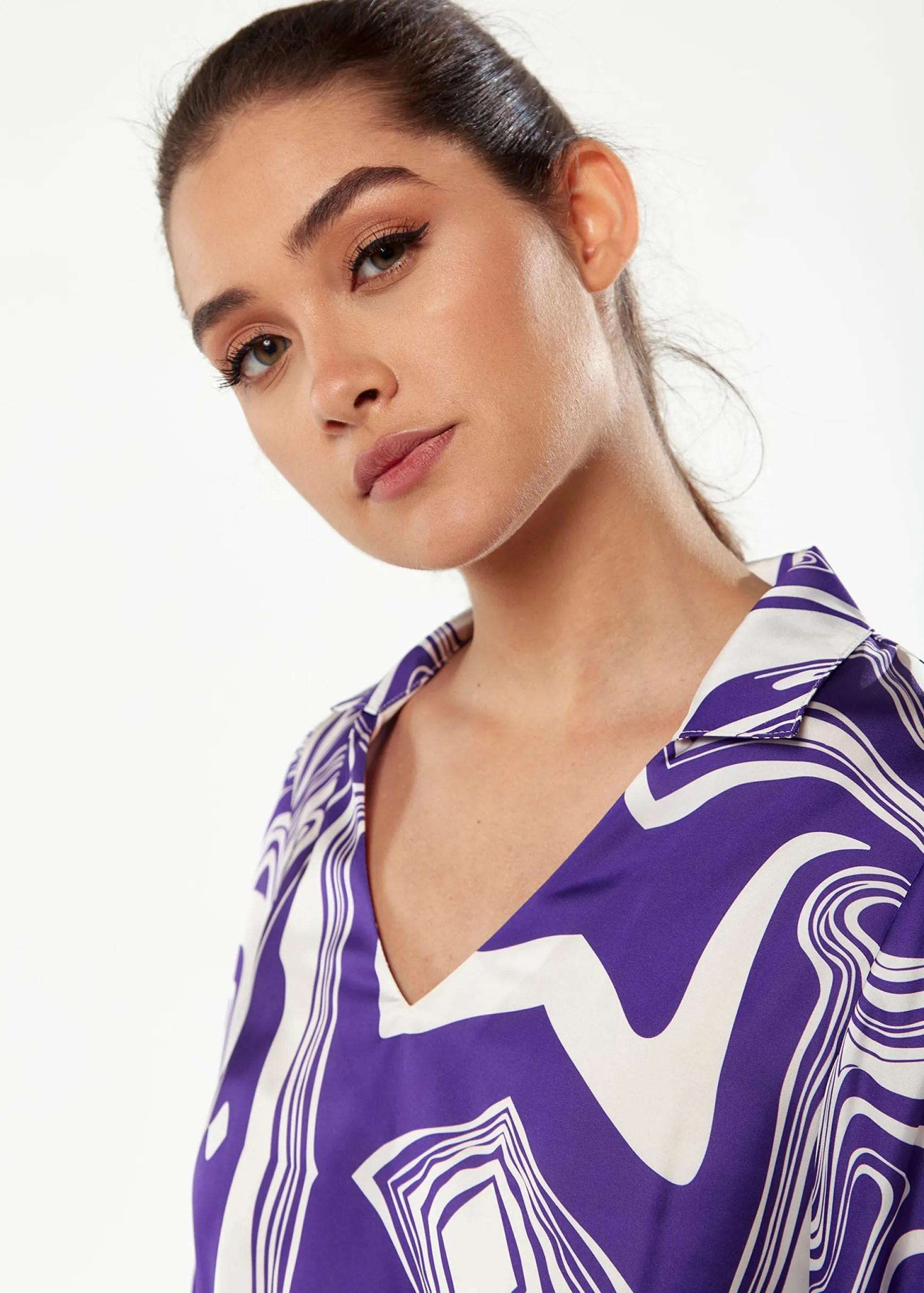 Women’s Mini Dress in Purple with Marble Print, V-Neck, Long Sleeves, Defined Waist, Frill Hem