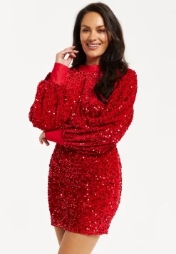 Women's Mini Dress in Red Velvet with Long Sleeves, High Neck, Open Back & Tie Detail - Liquorish