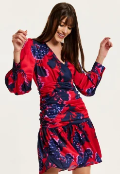 Women's Mini Dress in Red with Long Balloon Sleeves and Floral Print, Elegant Design by Liquorish